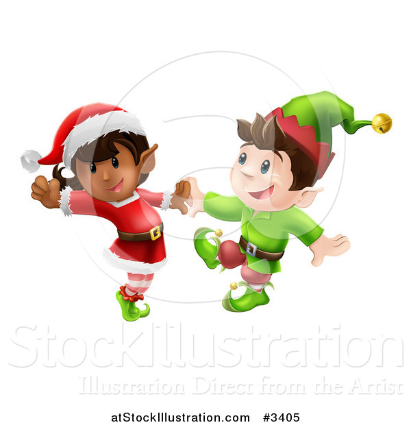 Vector Illustration of Happy Christmas Elves Dancing Together