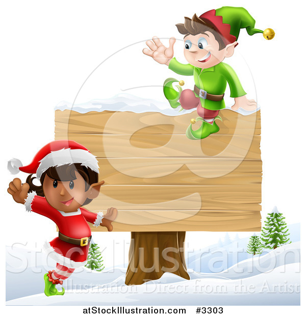 Vector Illustration of Happy Christmas Elves Jumping by and Sitting on a Sign