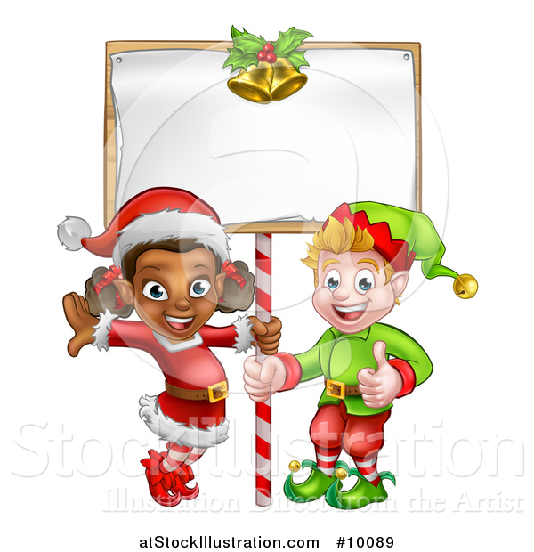 Vector Illustration of Happy Christmas Elves Under a Blank Sign