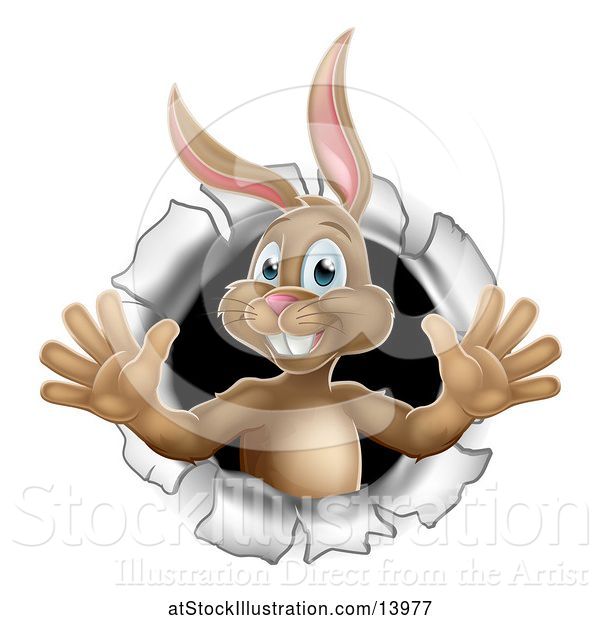 Vector Illustration of Happy Easter Bunny Rabbit Breaking Through a Hole in a Wall