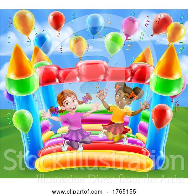 Vector Illustration of Happy Girls Jumping on a Bouncy House Castle in a Park