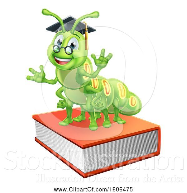 Vector Illustration of Happy Green Caterpillar Professor on Books