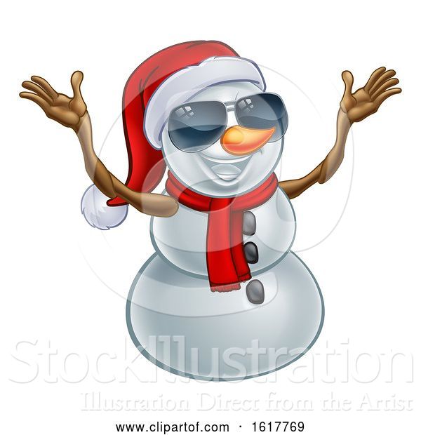 Vector Illustration of Happy Snowman Wearing a Santa Hat and Sunglasses