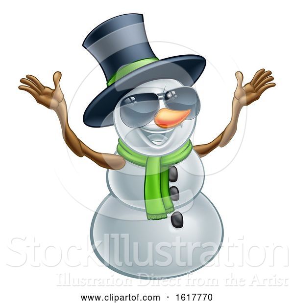 Vector Illustration of Happy Snowman Wearing a Top Hat and Sunglasses