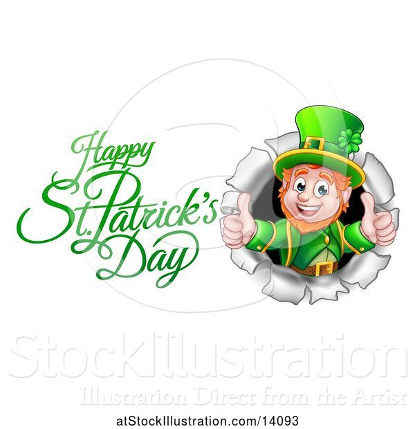 Vector Illustration of Happy St Patricks Day Greeting by a Leprechaun Giving Two Thumbs up and Breaking Through a Wall