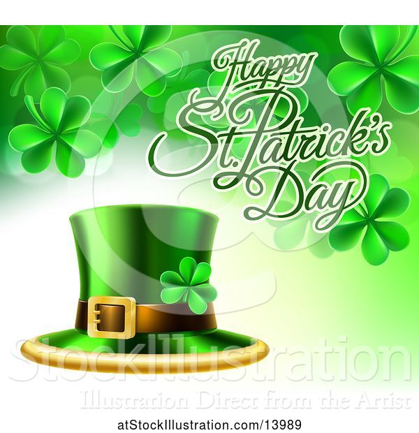 Vector Illustration of Happy St Patricks Day Greeting with a Leprechaun Hat and Shamrocks