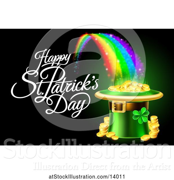 Vector Illustration of Happy St Patricks Day Greeting with a Leprechaun Hat Full of Gold Coins at the End of a Rainbow, on Black