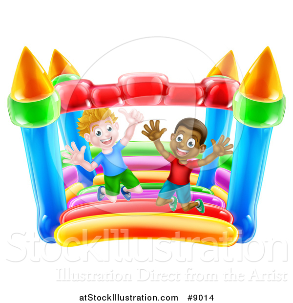 Vector Illustration of Happy White and Black Boys Jumping on a Bouncy House Castle