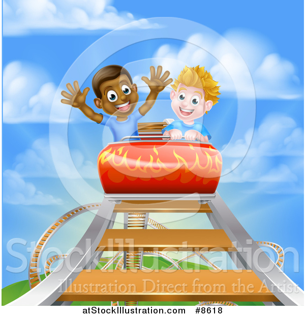 Vector Illustration of Happy White and Black Boys on a Roller Coaster Ride, Against a Blue Sky with Clouds