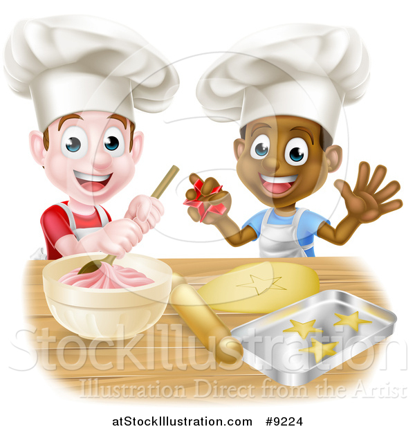 Vector Illustration of Happy White and Black Boys Wearing Toque Hats Making Frosting and Cookies