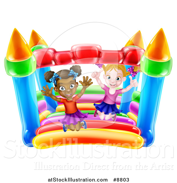 Vector Illustration of Happy White and Black Girls Jumping on a Bouncy House Castle