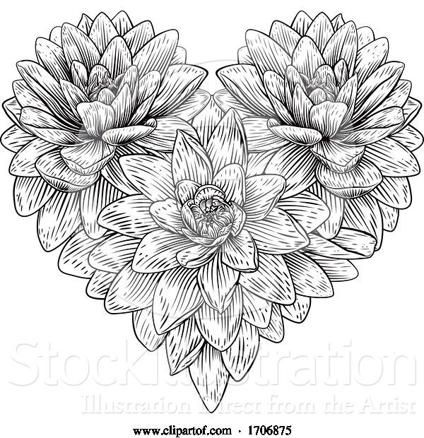 Vector Illustration of Heart Flower Love Floral Engraved Etching