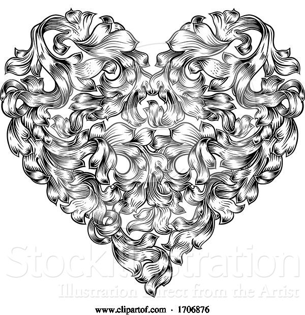 Vector Illustration of Heart Love Floral Woodcut Vintage Etching