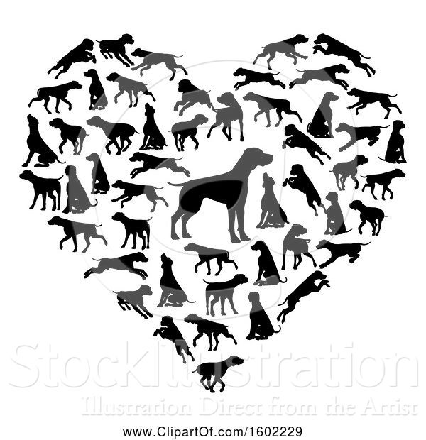 Vector Illustration of Heart Made of Black Silhouetted Dogs