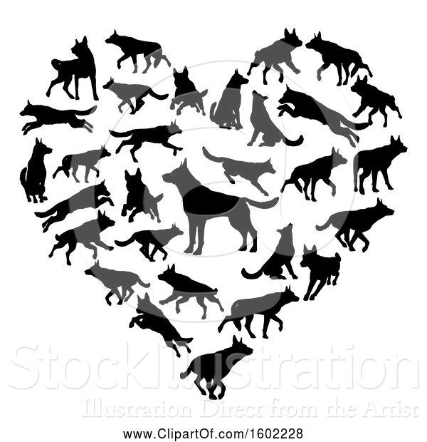 Vector Illustration of Heart Made of Black Silhouetted German Shepherd Dogs
