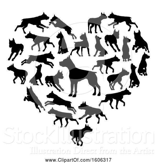 Vector Illustration of Heart Made of Black Silhouetted Pitbull or Staffordshire Terrier Dogs
