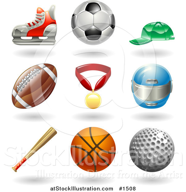 Vector Illustration of Hockey Skate, Soccer Ball, Baseball Cap, American Football, Medal, Helmet, Baseball Bat, Basketball and Golf Ball