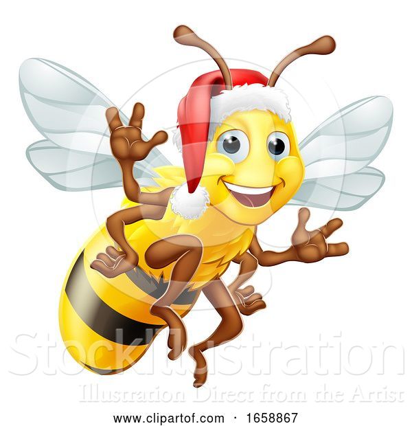 Vector Illustration of Honey Bumble Bee in Santa Christmas Hat
