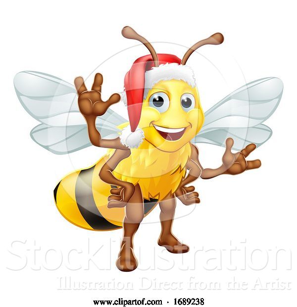 Vector Illustration of Honey Bumble Bee in Santa Christmas Hat