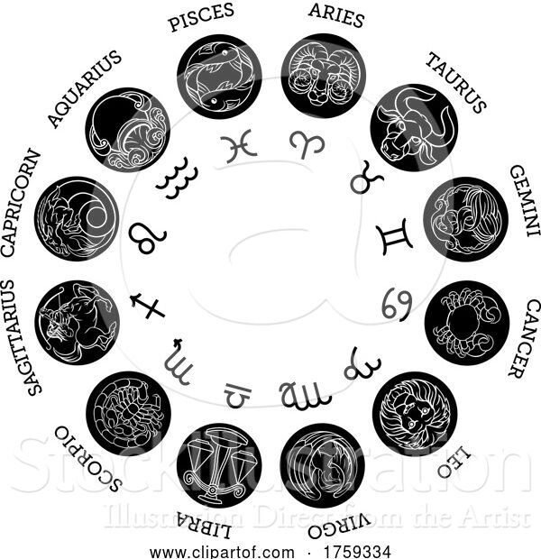 Vector Illustration of Horoscope Astrology Zodiac Star Signs Symbols Set