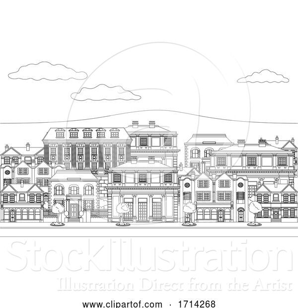 Vector Illustration of Houses Shops Street Scene Coloring Outline Art