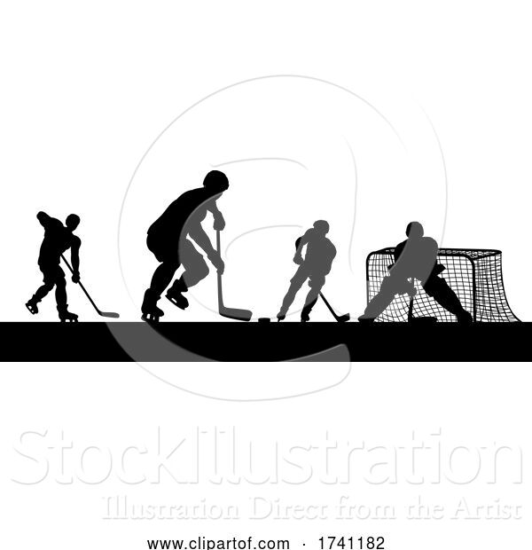 Vector Illustration of Ice Hockey Players Silhouette Match Game Scene