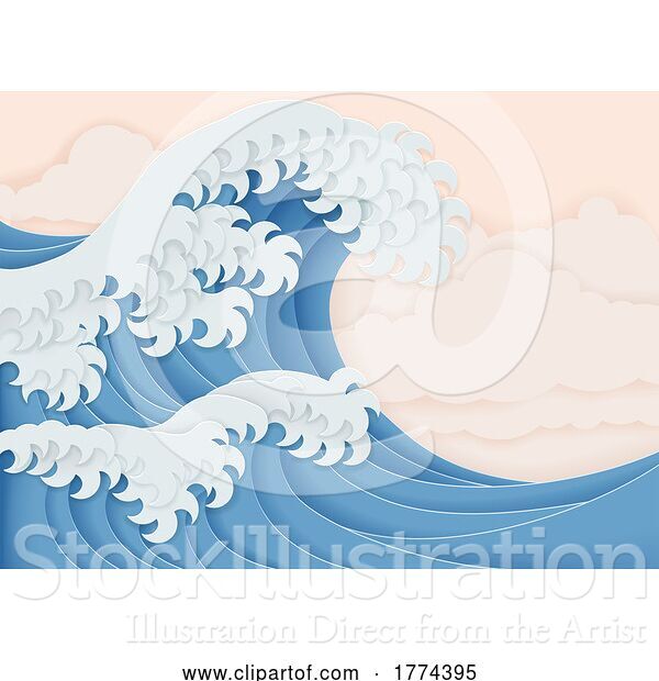 Vector Illustration of Japanese Great Wave Layered Paper Craft Style