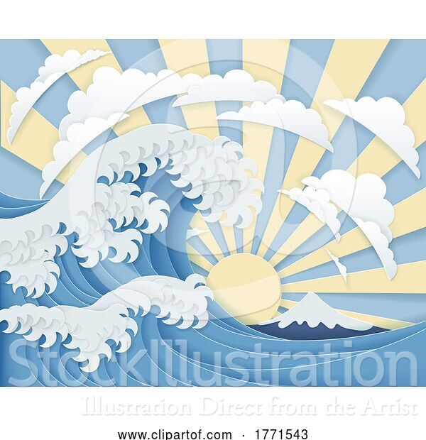 Vector Illustration of Japanese Great Wave Sunrise Layered Paper Craft