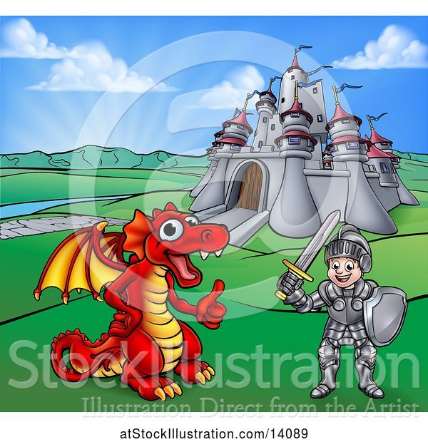 Vector Illustration of Knight and Dragon by a Castle