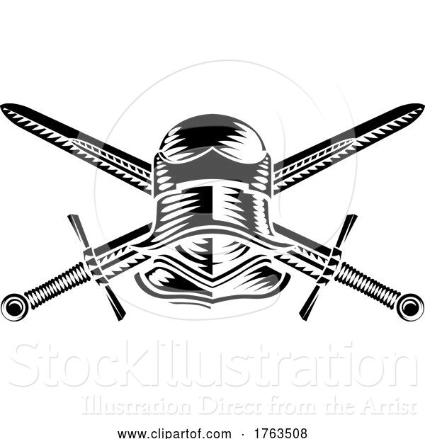 Vector Illustration of Knight Helmet Armor and Swords Vintage Woodcut