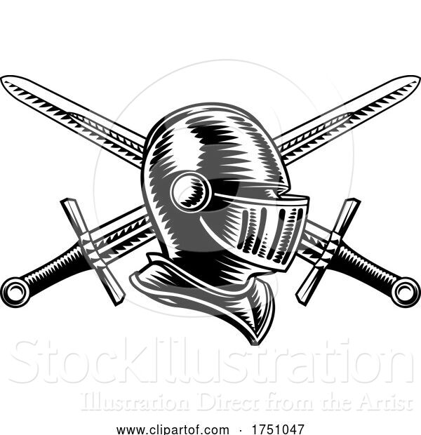 Vector Illustration of Knight Helmet Crossed Swords Vintage Woodcut