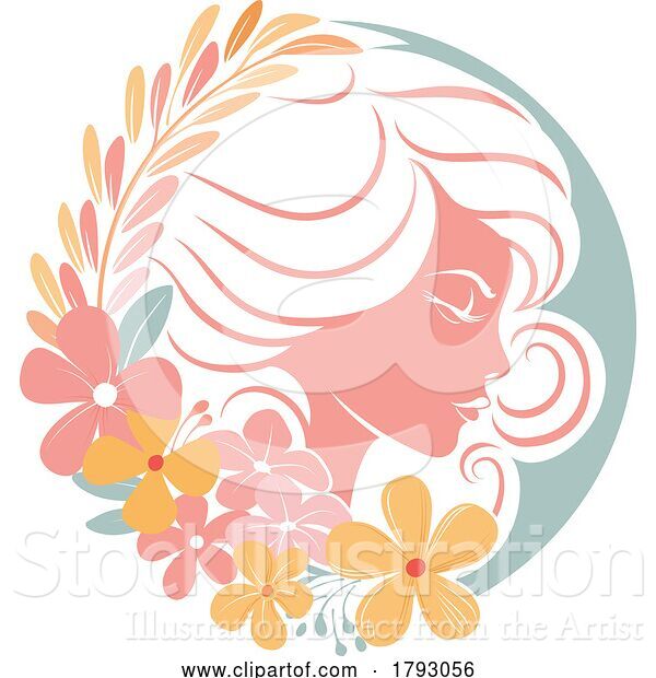 Vector Illustration of Lady Circle Face Flowers Hair Floral Concept