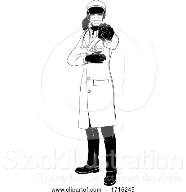 Vector Illustration of Lady Doctor PPE Mask Pointing NeedsYou Silhouette