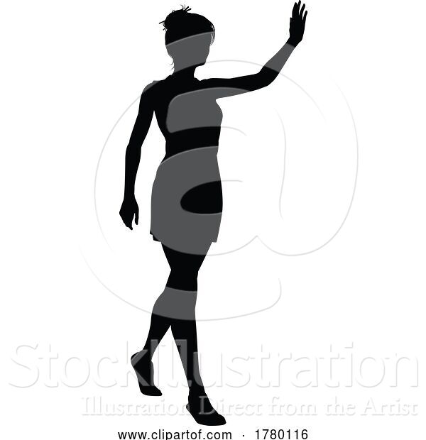 Vector Illustration of Lady Walking and Waving Silhouette