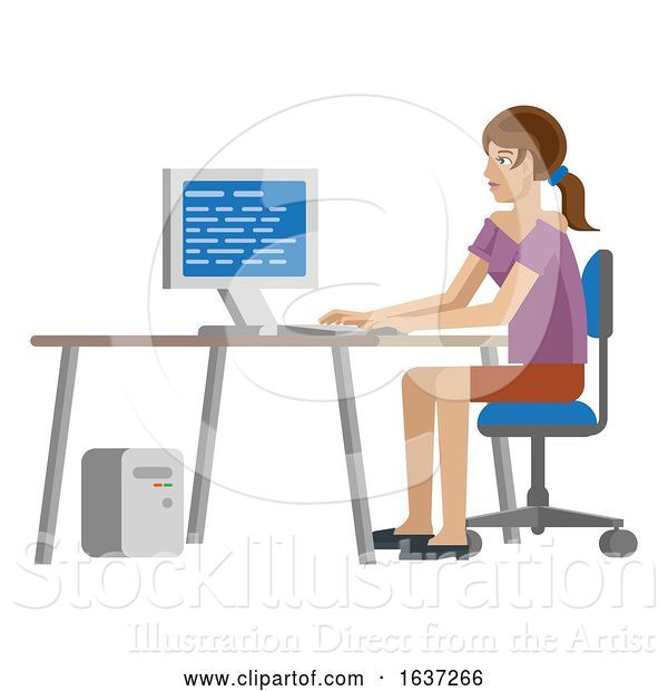 Vector Illustration of Lady Working at Desk in Business Office