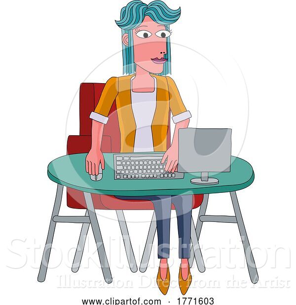 Vector Illustration of Lady Working Behind Desk Computer Workstation