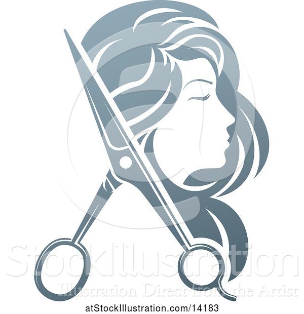 Vector Illustration of Lady's Head in Profile, with Long Hair and Scissors
