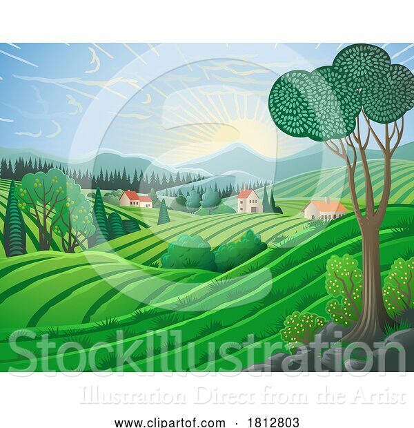 Vector Illustration of Landscape Background Hills Mountains Fields Trees