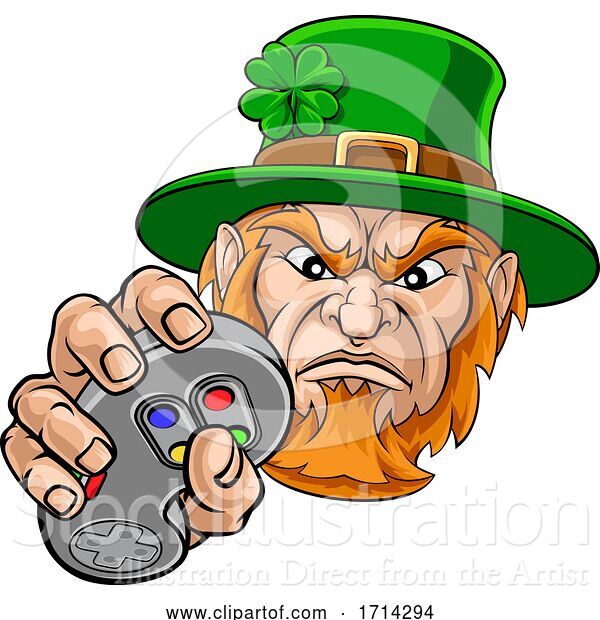 Vector Illustration of Leprechaun Gamer Mascot and Video Games Controller