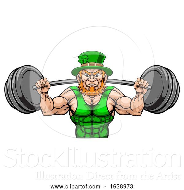 Vector Illustration of Leprechaun Mascot Weightlifter Lifting Big Barbell