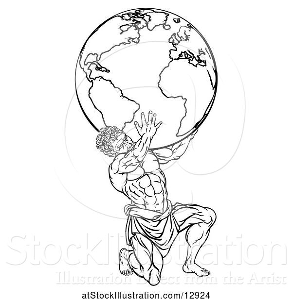 Vector Illustration of Lineart Black and White Atlas Titan Guy Carrying a Globe