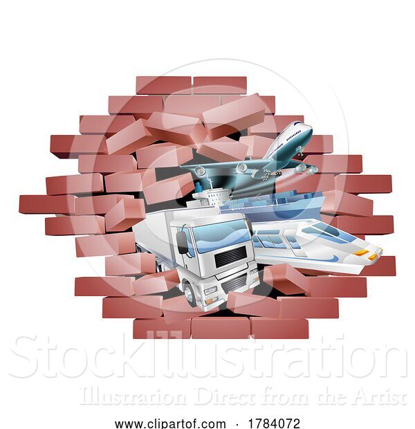 Vector Illustration of Logistics Transport Vehicles Breaking Wall Concept