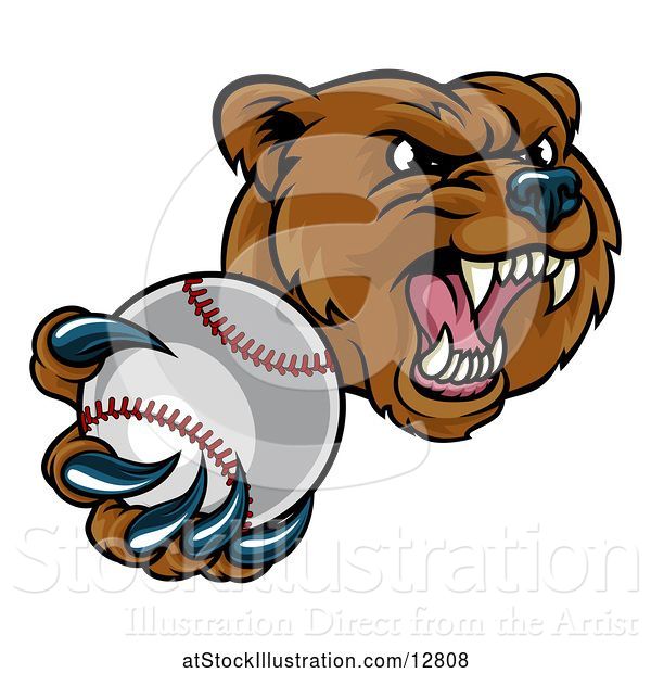 Vector Illustration of Mad Cartoon Grizzly Bear Mascot Holding out a Baseball in a Clawed Paw