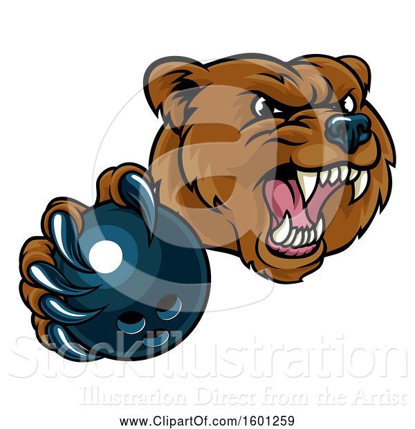 Vector Illustration of Mad Cartoon Grizzly Bear Mascot Holding out a Bowling Ball in a Clawed Paw