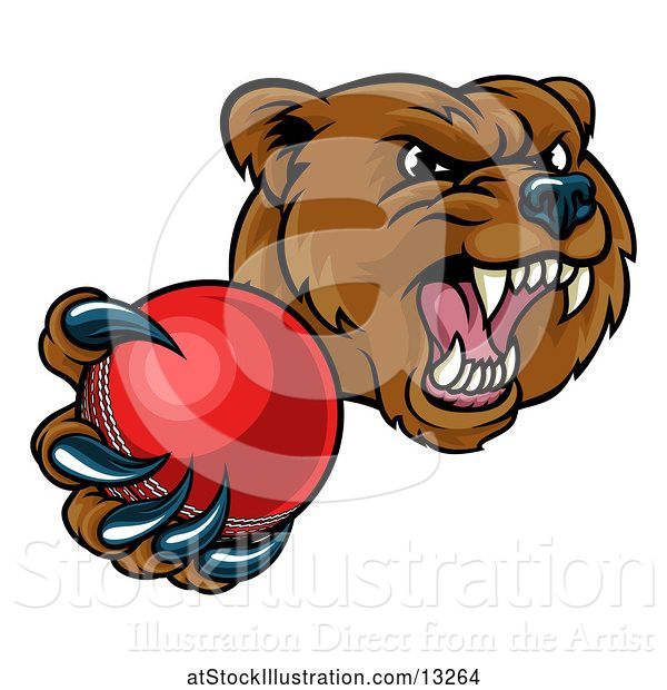 Vector Illustration of Mad Cartoon Grizzly Bear Mascot Holding out a Cricket Ball in a Clawed Paw