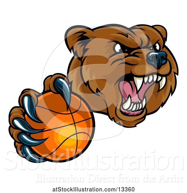 Vector Illustration of Mad Cartoon Grizzly Bear Mascot Holding out a Football in a Clawed Paw