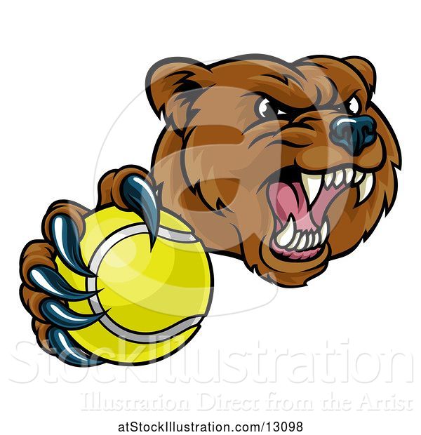 Vector Illustration of Mad Cartoon Grizzly Bear Mascot Holding out a Tennis Ball in a Clawed Paw