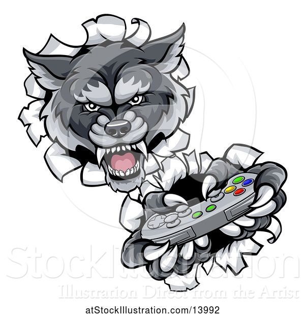 Vector Illustration of Mad Cartoon Wolf Mascot Holding a Video Game Controller and Breaking Through a Wall