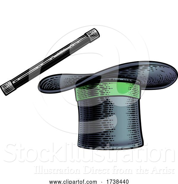 Vector Illustration of Magic Wand and Magician Top Hat Woodcut Drawing