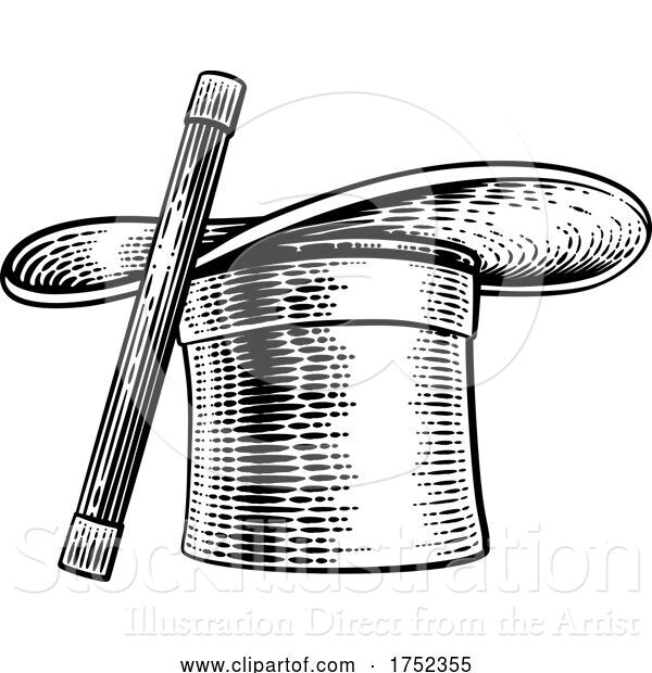 Vector Illustration of Magic Wand and Magician Top Hat Woodcut Drawing